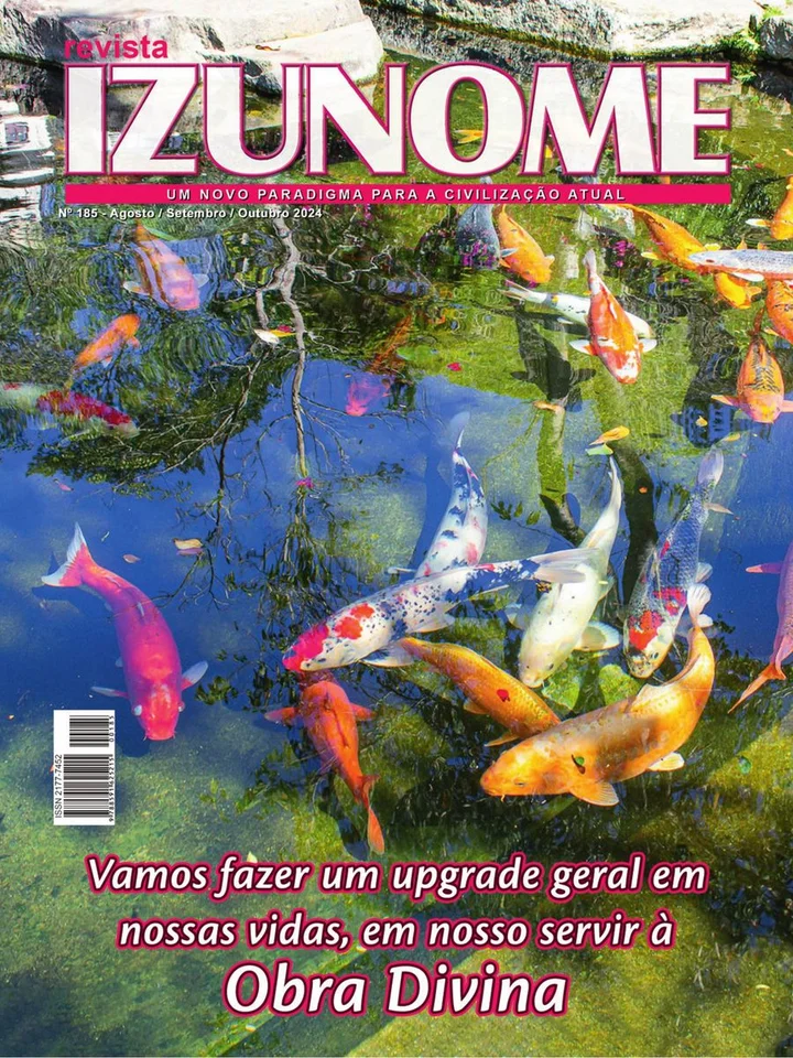 Capa da Revista Izunome, edição 185 com o título “Vamos fazer um upgrade geral em nossas vidas, em nosso servir à Obra Divina”.