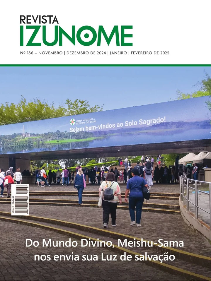 Capa da Revista Izunome, edição 186 com o título “Do Mundo Divino, Meishu-Sama nos envia sua Luz de salvação”.