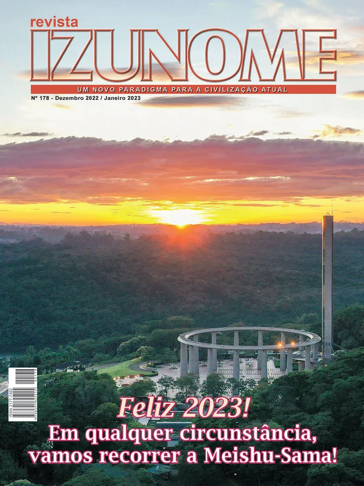 Capa da Revista Izunome, edição 178 com o título “Feliz 2023! Em qualquer circunstância, vamos recorrer a Meishu-Sama!”.