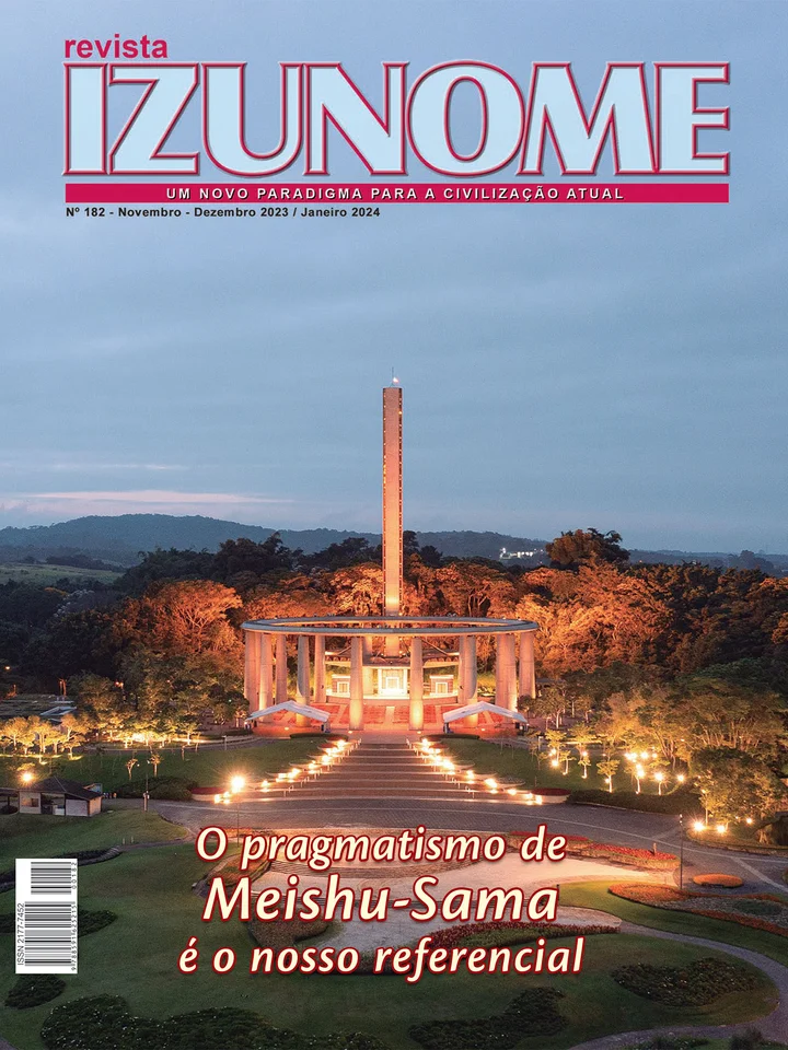 Capa da Revista Izunome, edição 182 com o título “O pragmatismo de Meishu-Sama é o nosso referencial”.