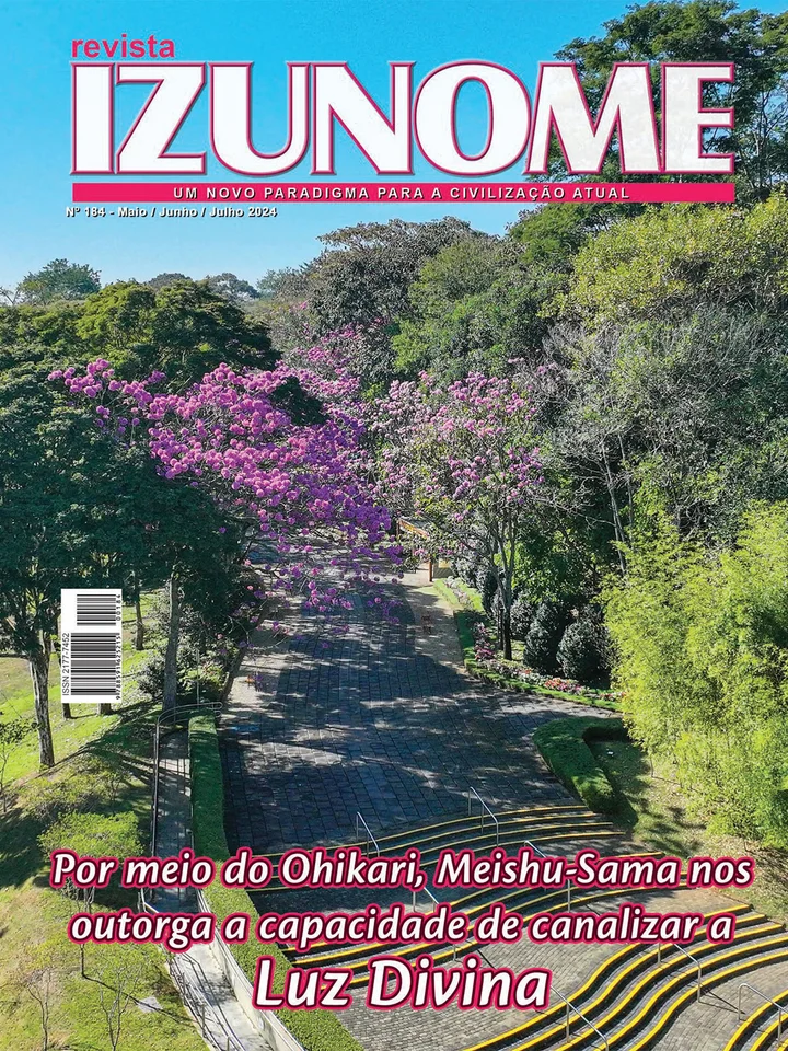 Capa da Revista Izunome, edição 184 com o título “Por meio do Ohikari, Meishu-Sama nos outorga a capacidade de canalizar a Luz Divina”.