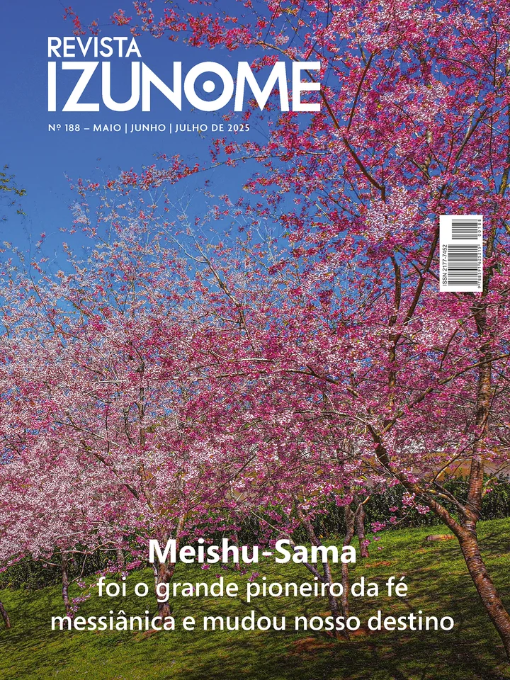 Capa da Revista Izunome, edição 188 com o título  “Meishu-Sama foi o grande pioneiro da fé messiânica e mudou nosso destino”.