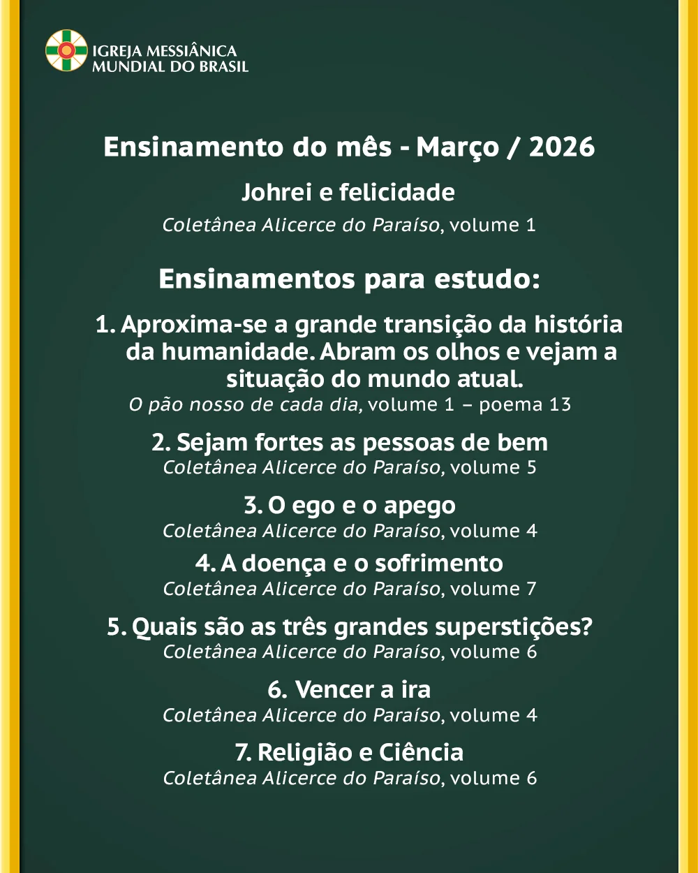 Capa do vídeo  “Ensinamentos para estudo do mês de Março de 2026 - IMMB”