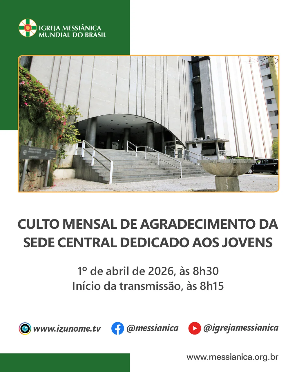Capa do vídeo “Culto Mensal de Agradecimento dedicado aos Jovens | Sede Central - 01/04/2026”