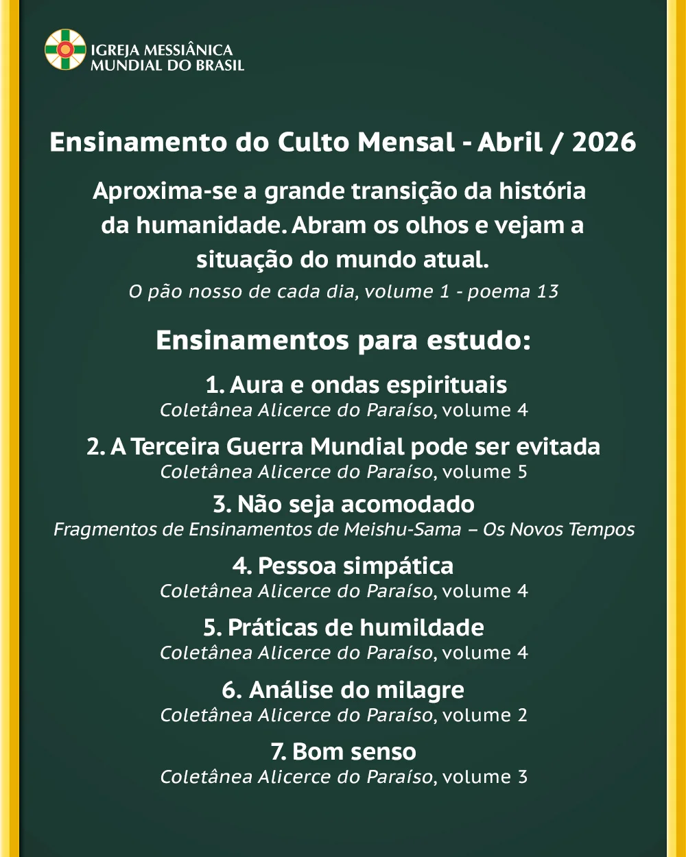 Capa do vídeo “Ensinamentos para estudo do mês de abril de 2026 - IMMB”