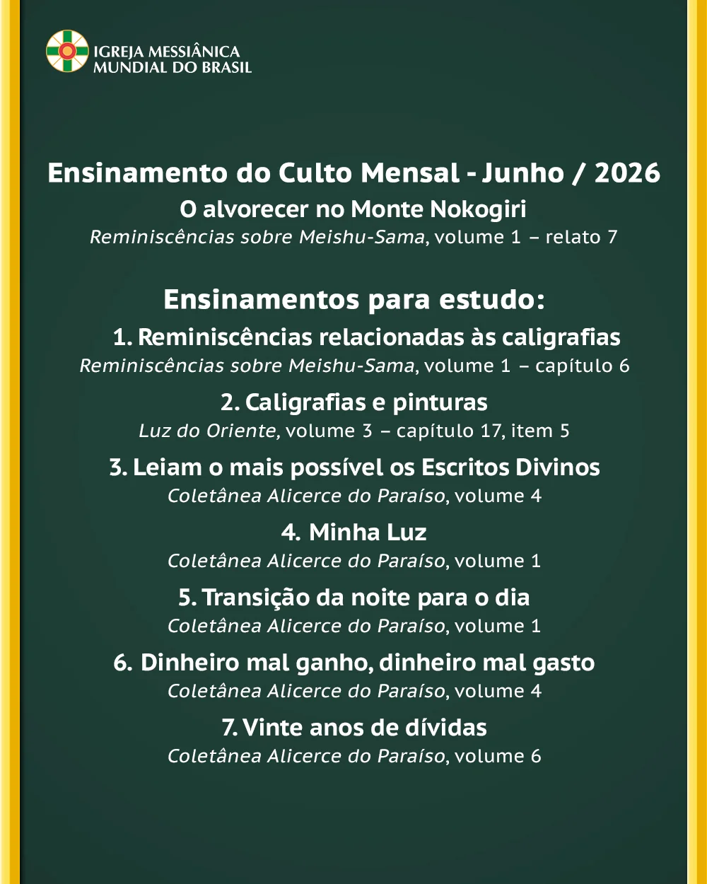 Capa do vídeo “Ensinamentos para estudo do mês de Junho de 2026 - IMMB”